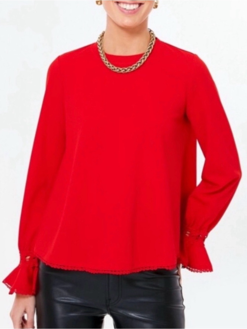 Tuckernuck Pomander Place Red Palmer Top M Lace Eyelet Ruffle Cuffs Versatile